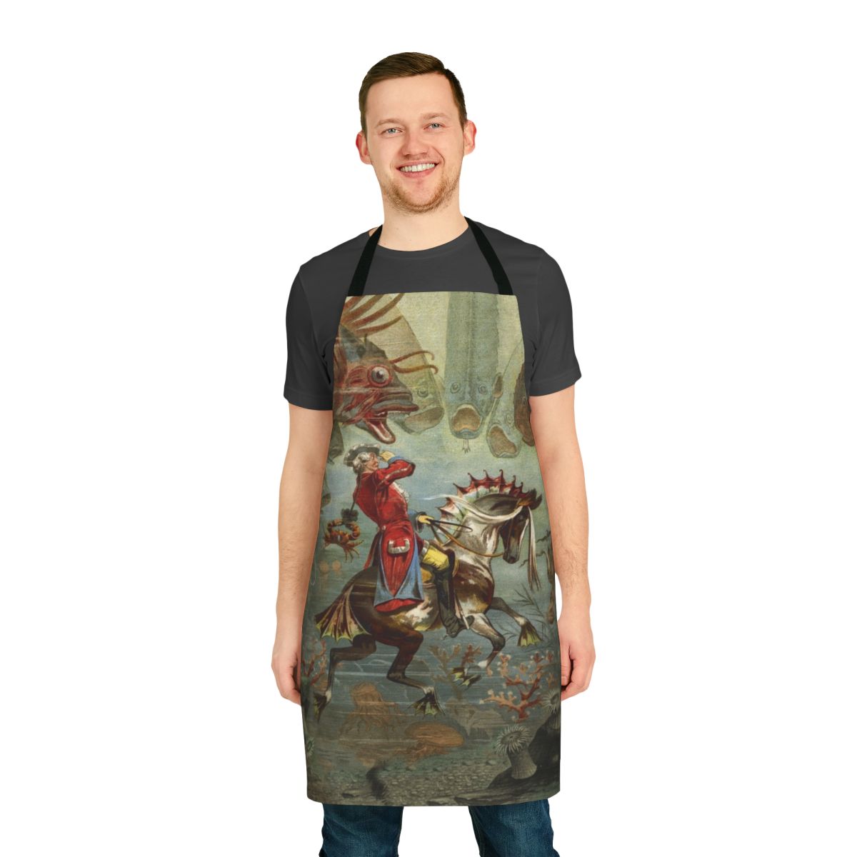 Image of a whimsical, vintage-inspired apron featuring a seahorse design