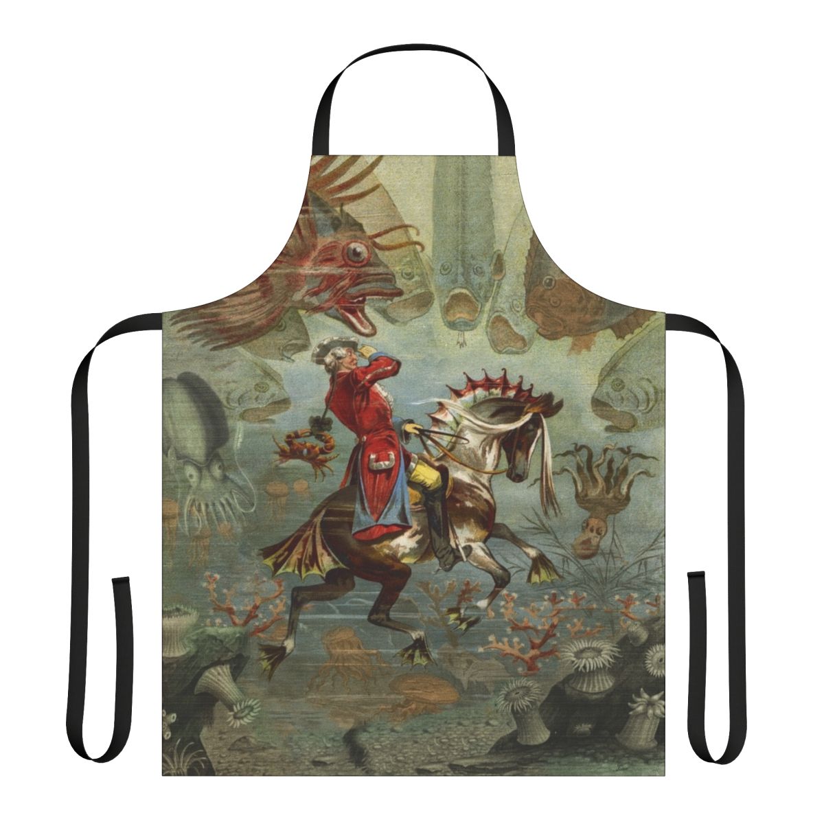 Image of a whimsical, vintage-inspired apron featuring a seahorse design