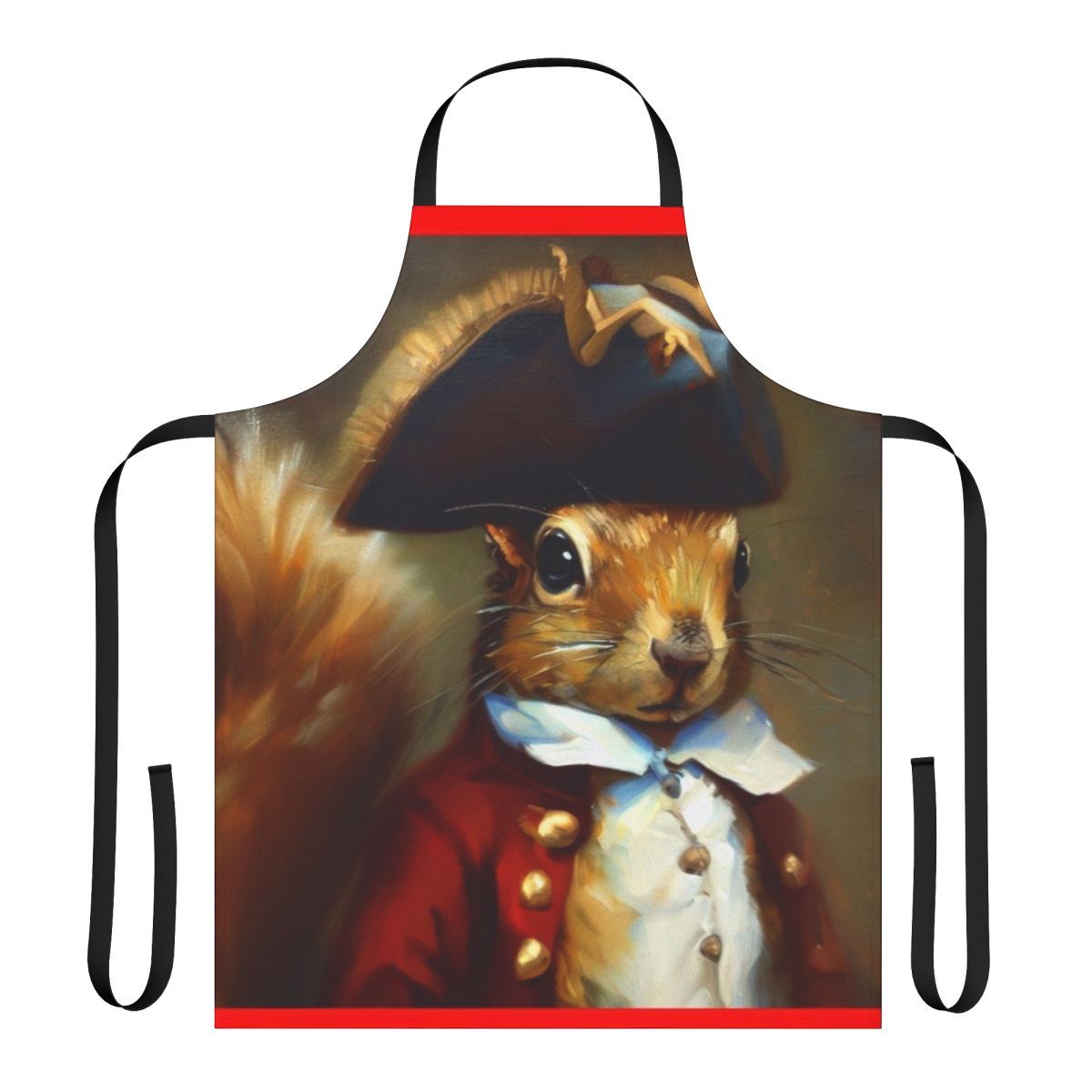Whimsical anthropomorphic squirrel themed apron with a redcoat soldier inspired design