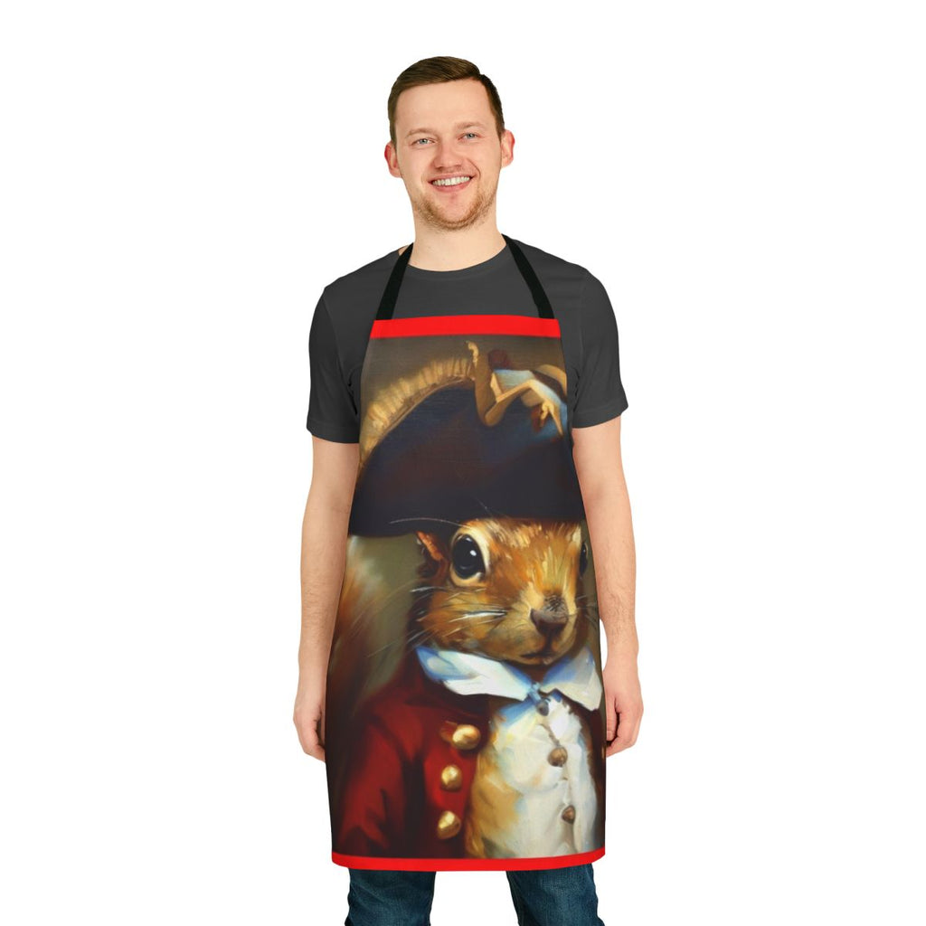 Whimsical anthropomorphic squirrel themed apron with a redcoat soldier inspired design