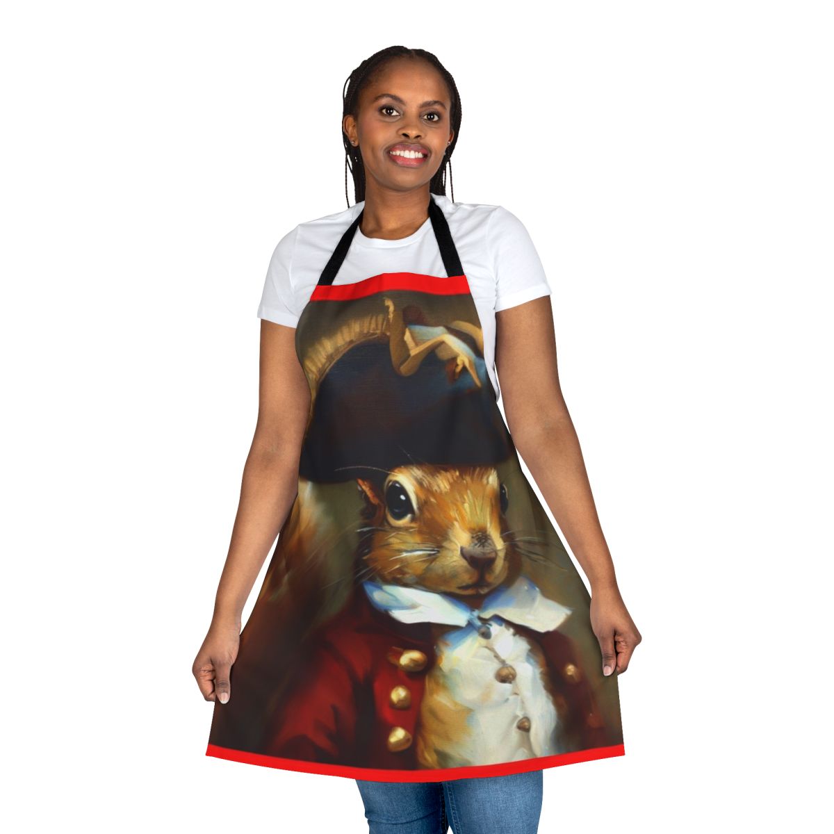 Whimsical anthropomorphic squirrel themed apron with a redcoat soldier inspired design
