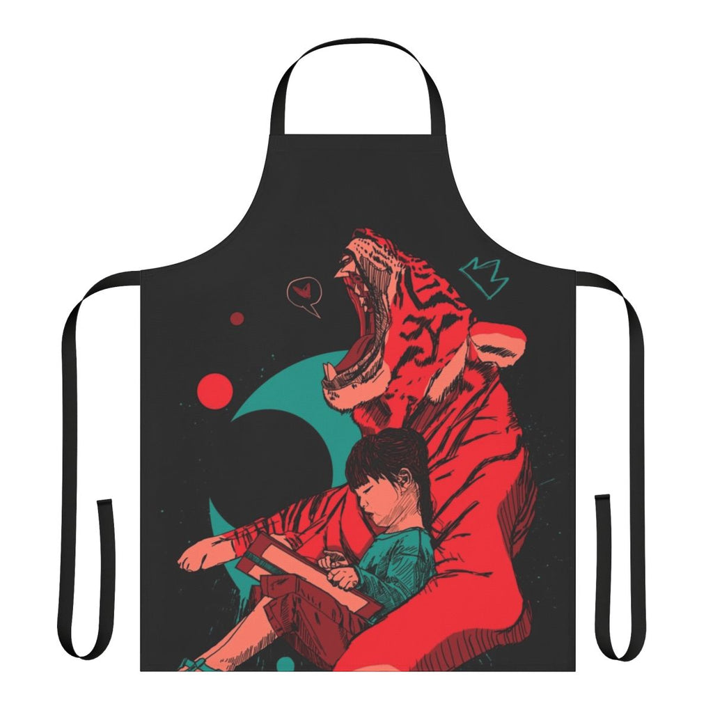 A vibrant and imaginative apron featuring a tiger and a girl in a storybook-like setting.