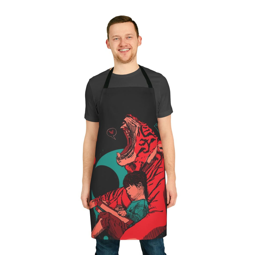 A vibrant and imaginative apron featuring a tiger and a girl in a storybook-like setting.