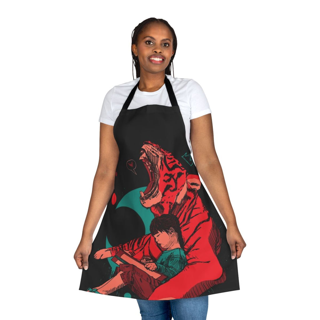 A vibrant and imaginative apron featuring a tiger and a girl in a storybook-like setting.