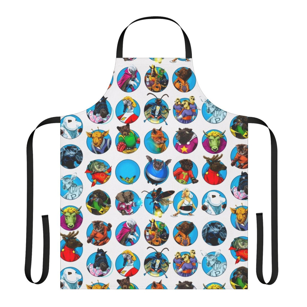 Whimsical superhero team apron featuring a gaggle of cute animals