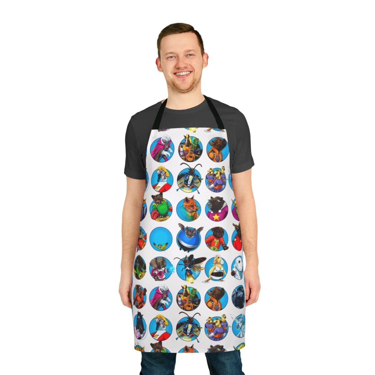 Whimsical superhero team apron featuring a gaggle of cute animals
