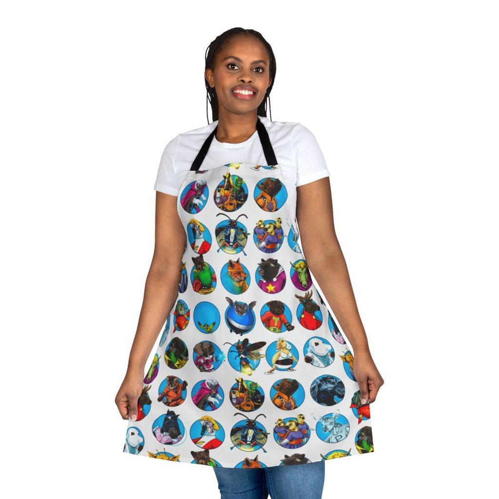 Whimsical superhero team apron featuring a gaggle of cute animals