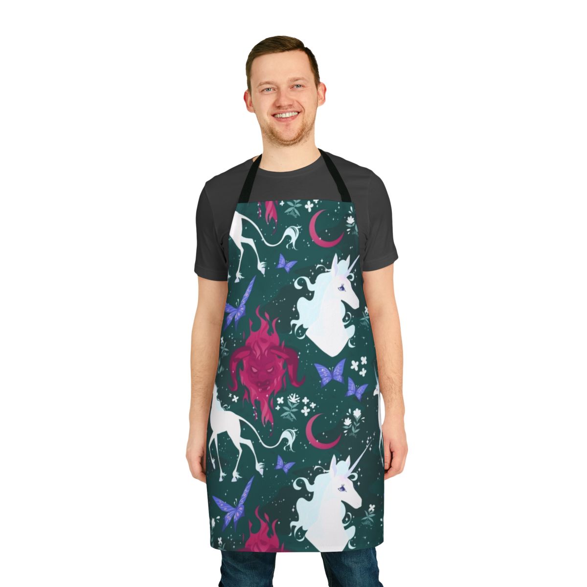 Whimsical apron featuring imagery from the classic 1980s fantasy film The Last Unicorn