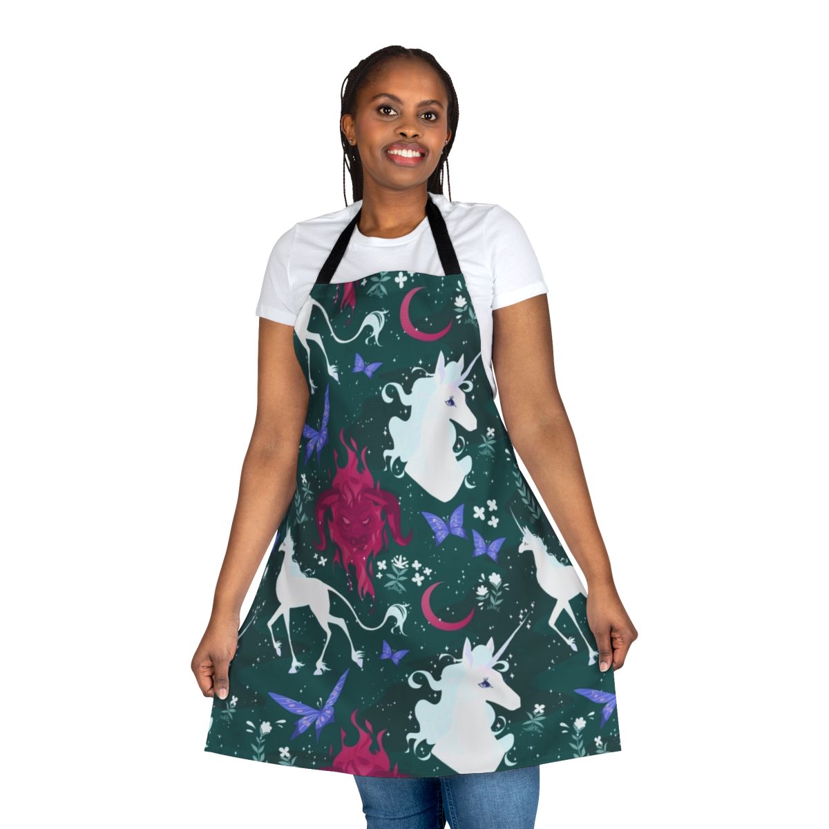 Whimsical apron featuring imagery from the classic 1980s fantasy film The Last Unicorn