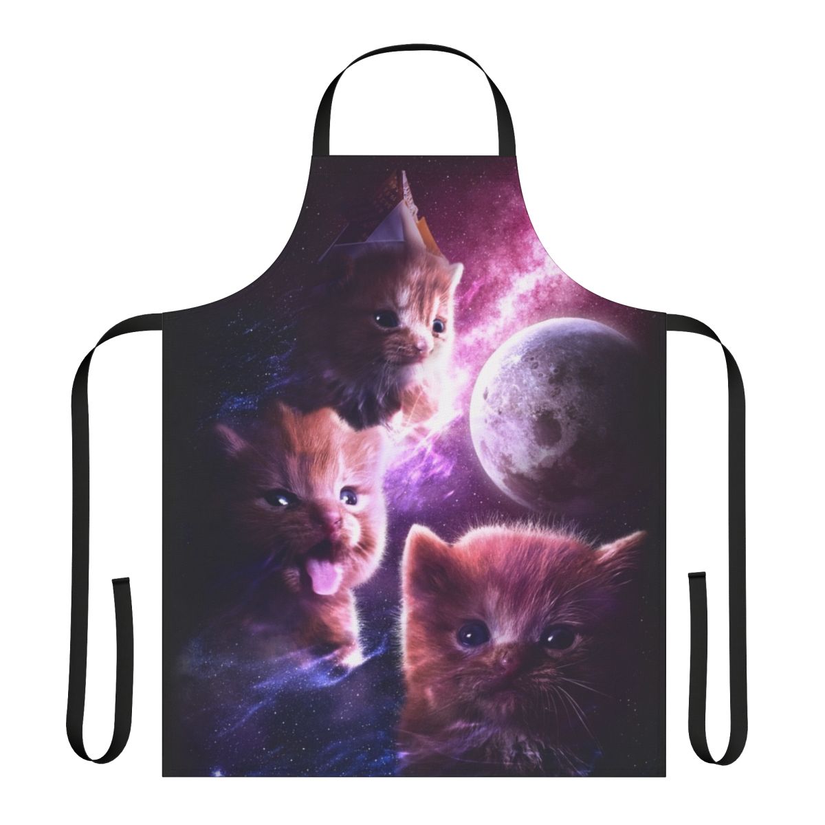 A whimsical apron featuring a three-degenerate moon design and an adorable ginger kitten