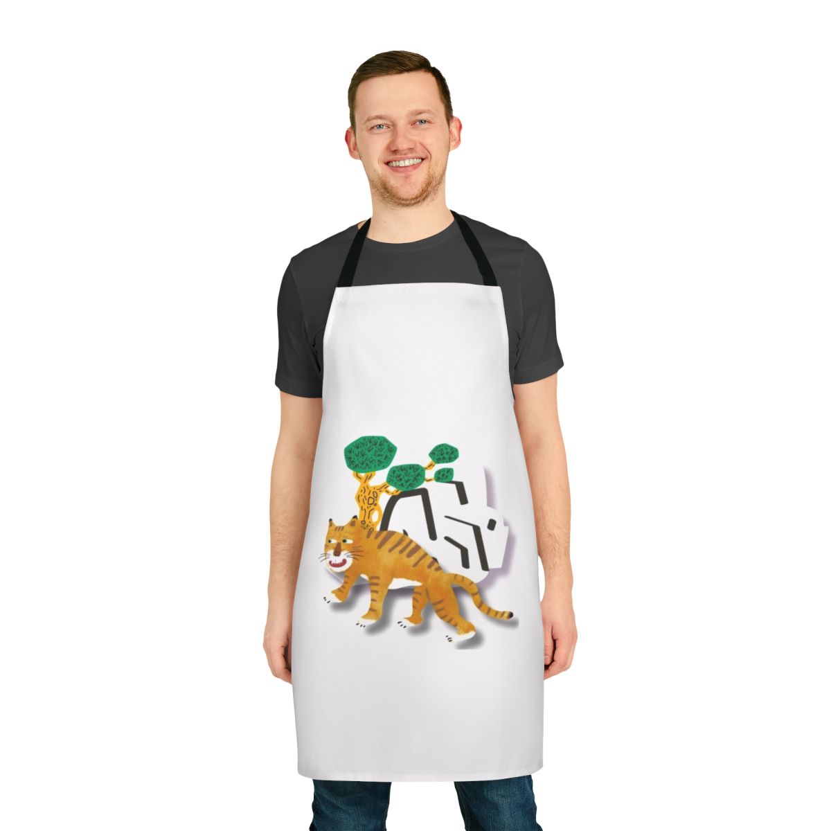 Apron featuring a playful tiger illustration in a minimalist, retro-inspired design