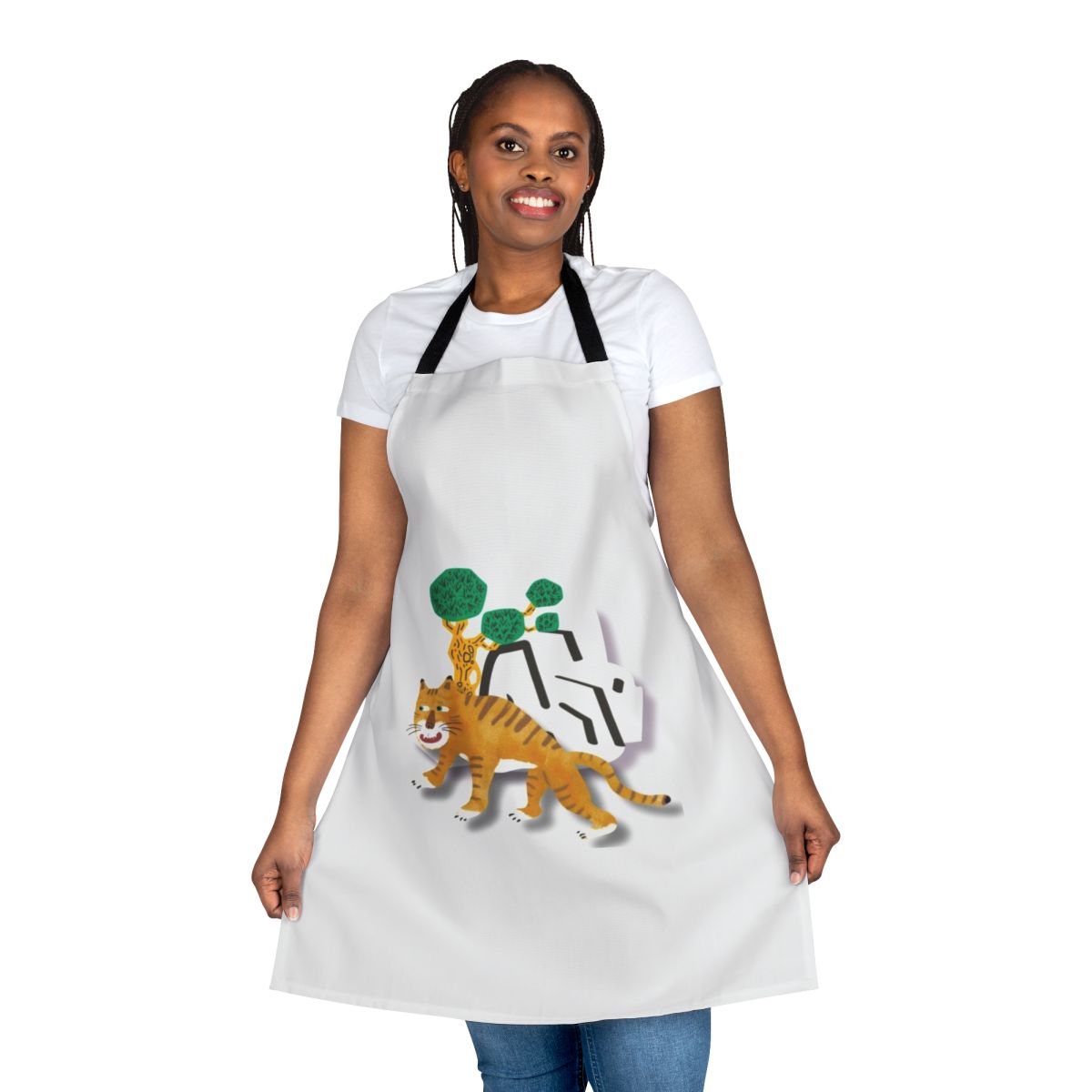 Apron featuring a playful tiger illustration in a minimalist, retro-inspired design