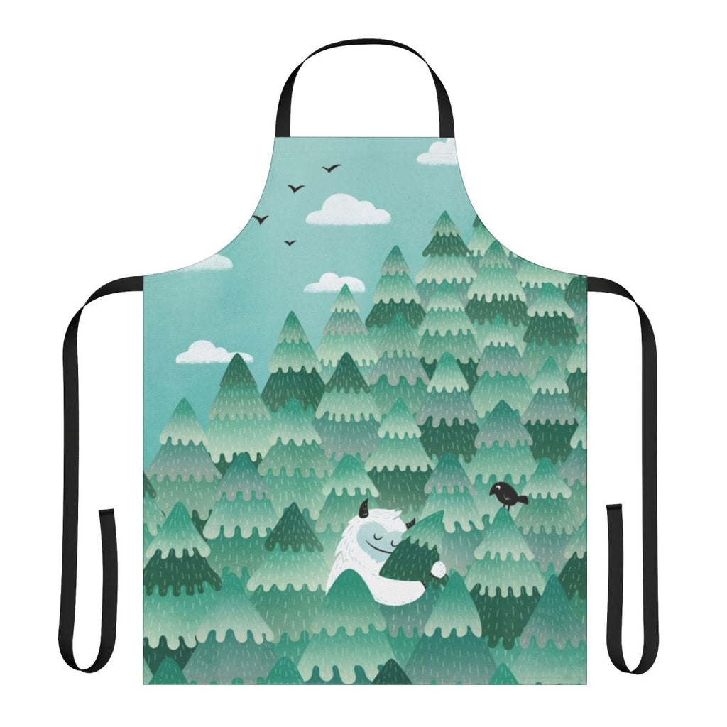 A colorful apron design featuring a forest monster or Bigfoot-like creature embracing a tree in a spring or summer forest scene.