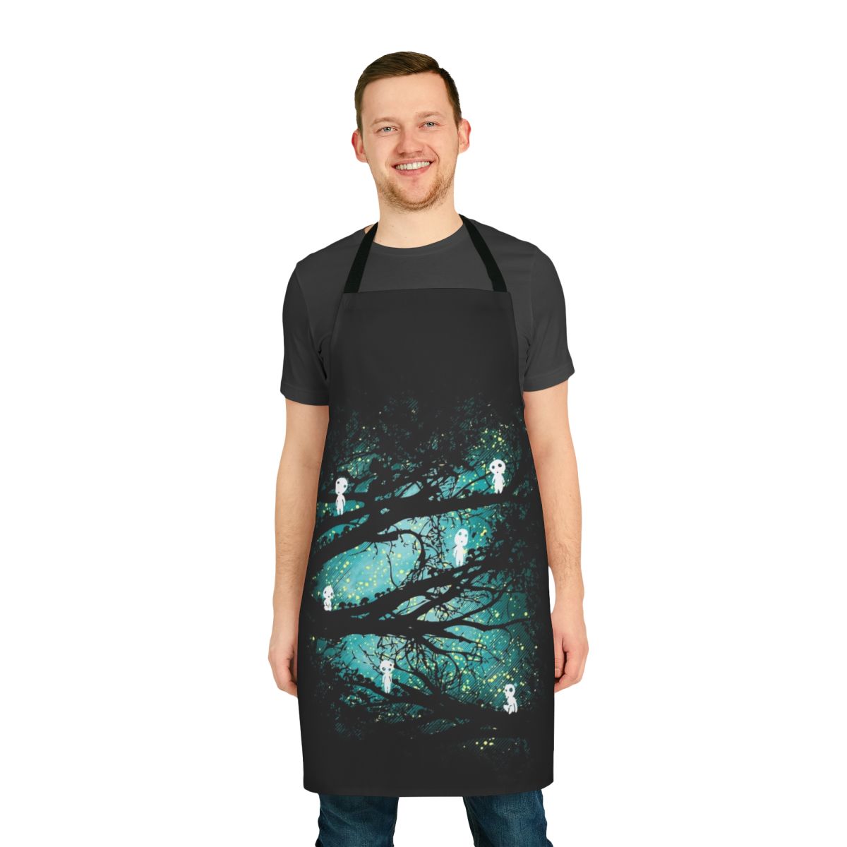 Colorful apron featuring enchanting tree spirits in an anime-inspired fantasy art style