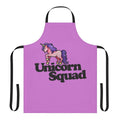 A pink and white unicorn-themed apron with an enchanting design