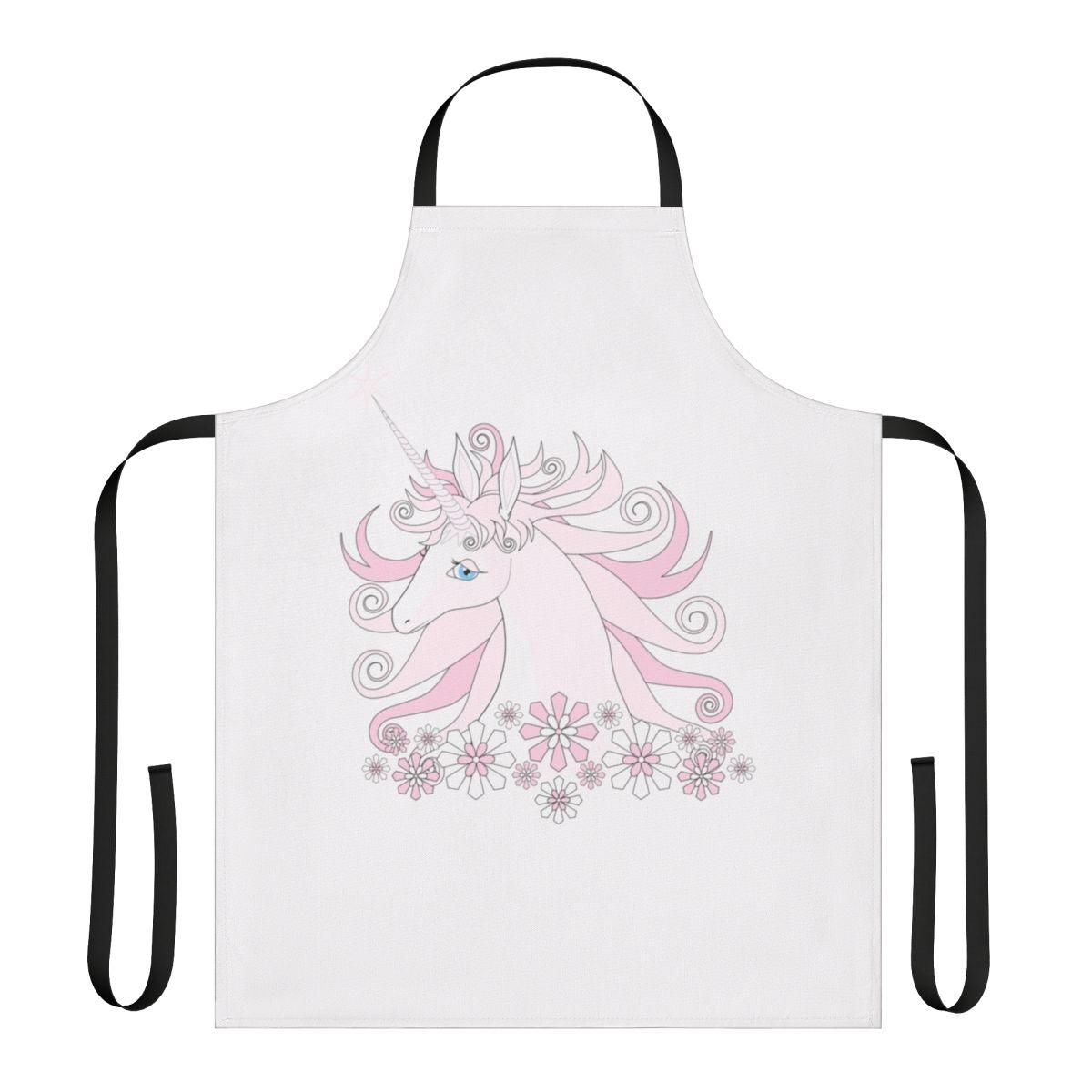 A pink and floral unicorn design on a high-quality apron for fans of the classic fantasy movie The Last Unicorn.