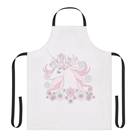 A pink and floral unicorn design on a high-quality apron for fans of the classic fantasy movie The Last Unicorn.