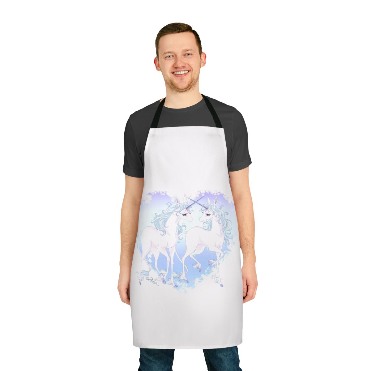 A colorful apron featuring a magical unicorn design, perfect for home cooking and baking.
