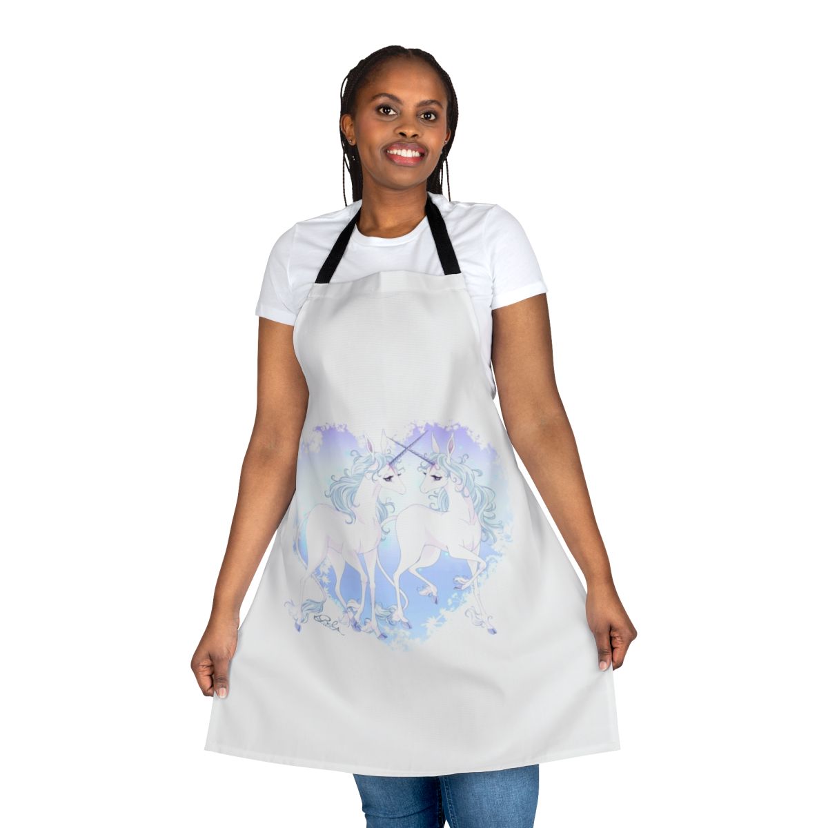 A colorful apron featuring a magical unicorn design, perfect for home cooking and baking.