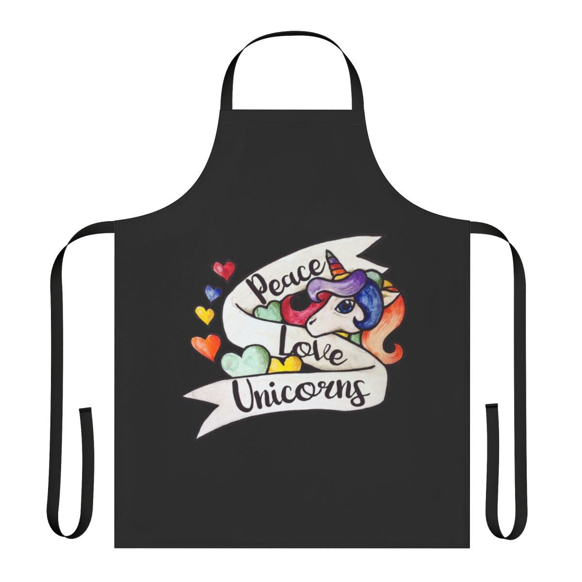 Colorful apron featuring a peace love unicorns design
