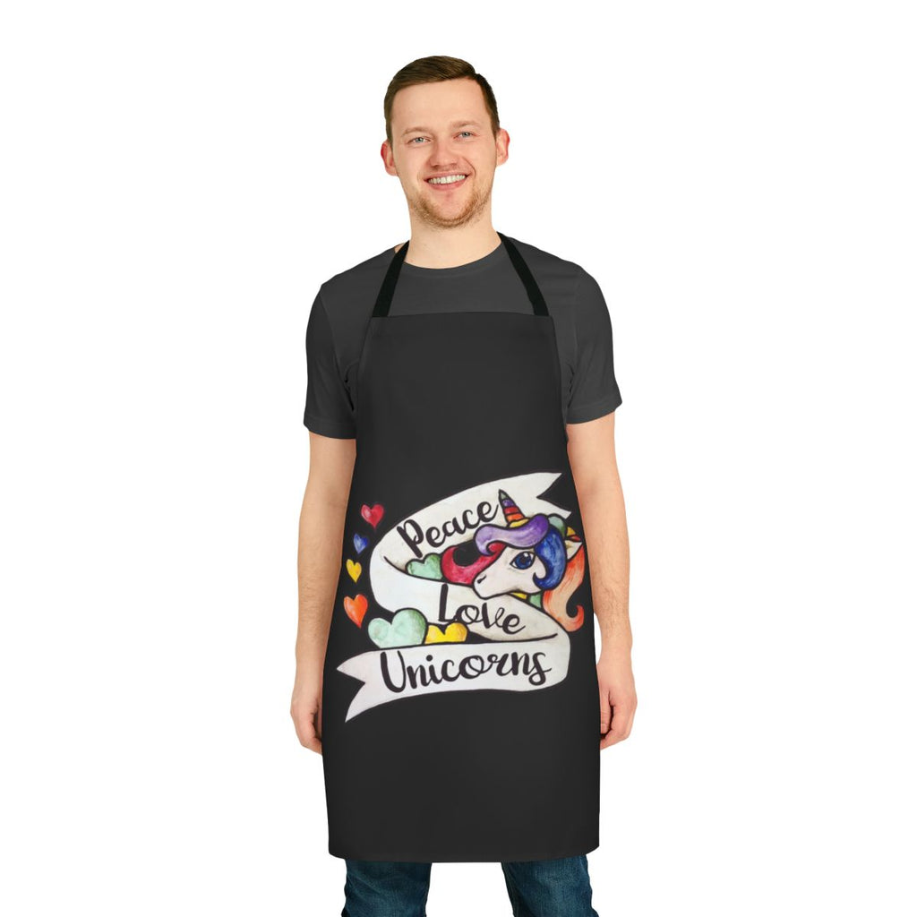 Colorful apron featuring a peace love unicorns design