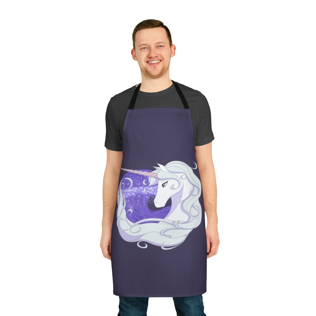 Apron featuring a whimsical, magical unicorn design against a backdrop of ocean waves