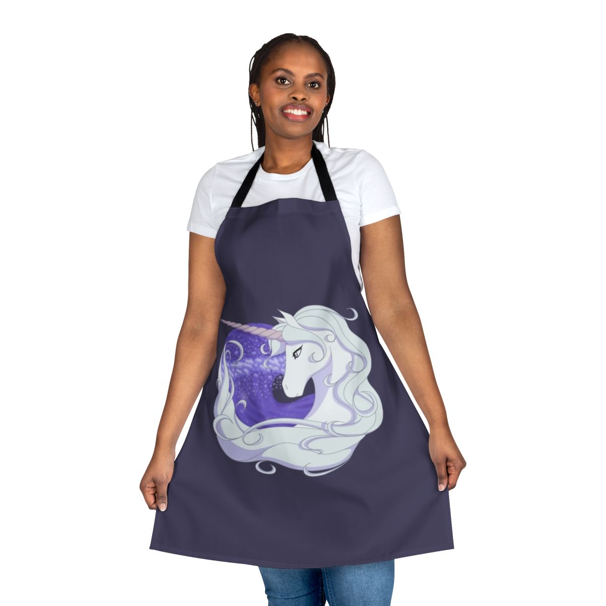 Apron featuring a whimsical, magical unicorn design against a backdrop of ocean waves