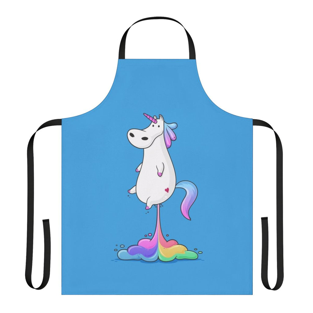Vibrant cartoon image of a farting unicorn on a white apron