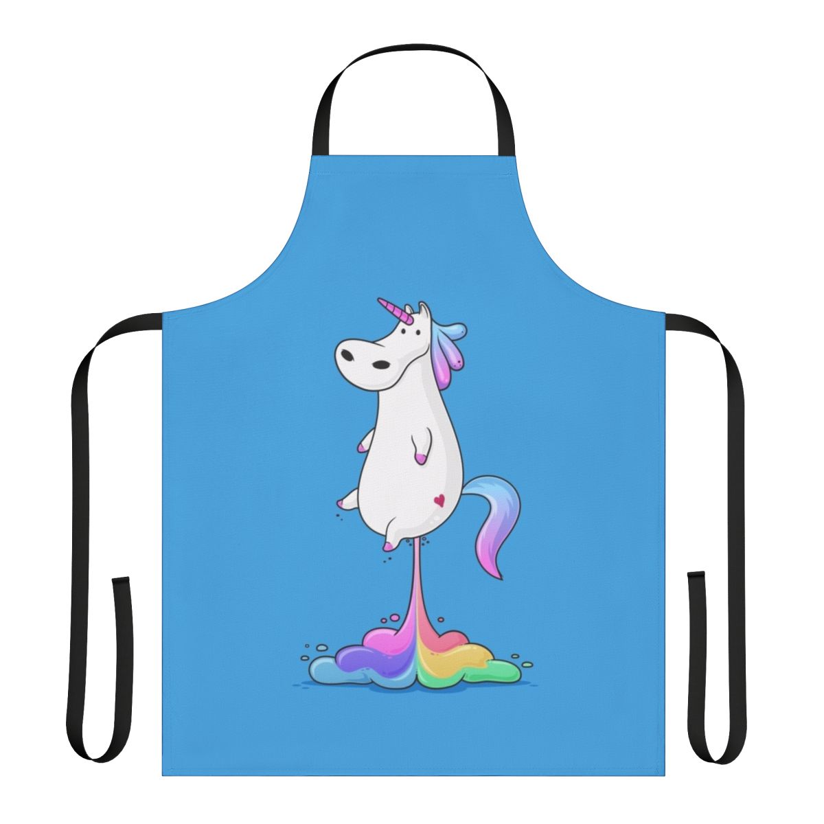 Vibrant cartoon image of a farting unicorn on a white apron
