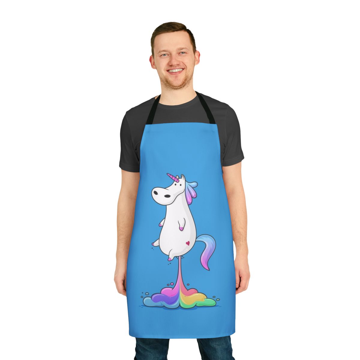 Vibrant cartoon image of a farting unicorn on a white apron