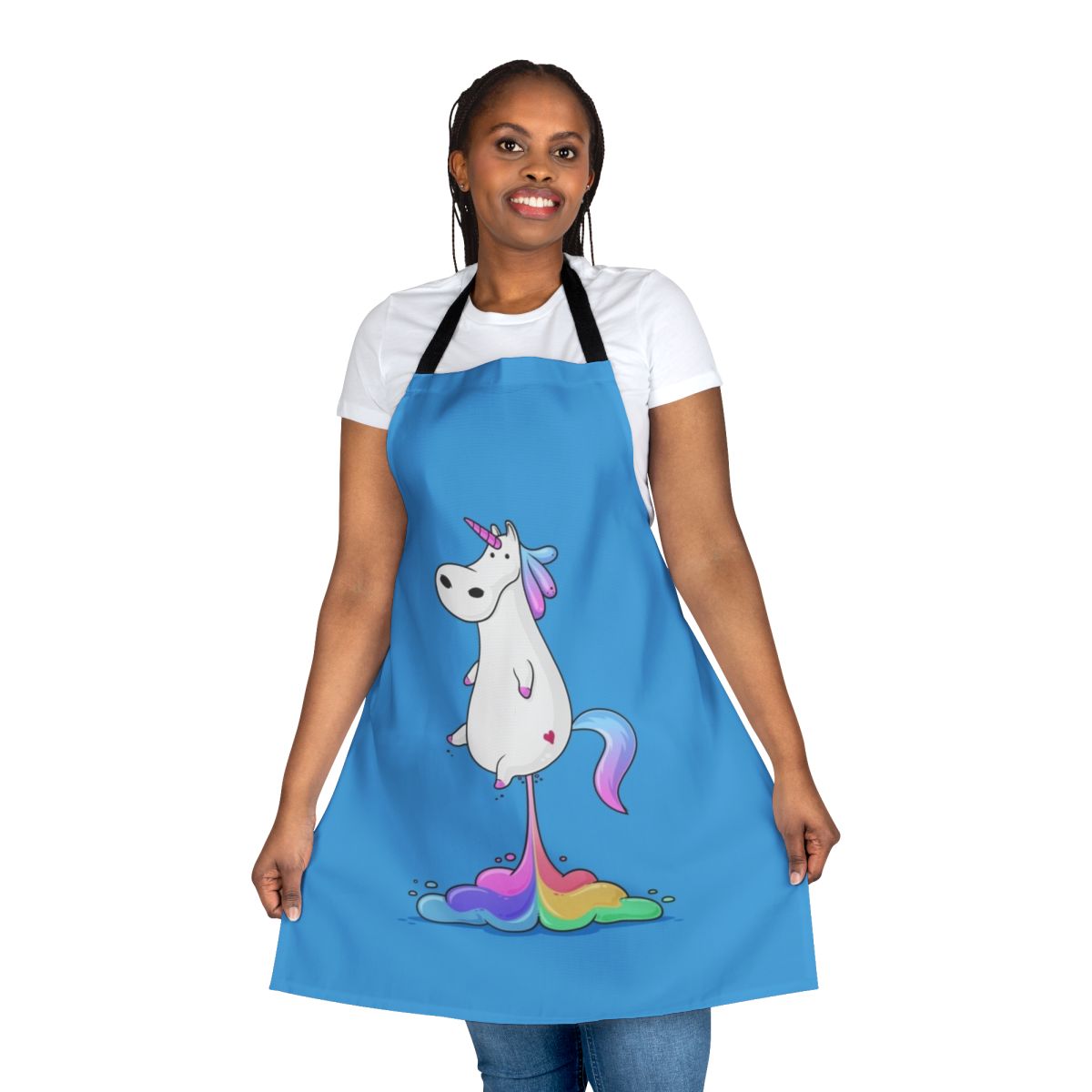 Vibrant cartoon image of a farting unicorn on a white apron