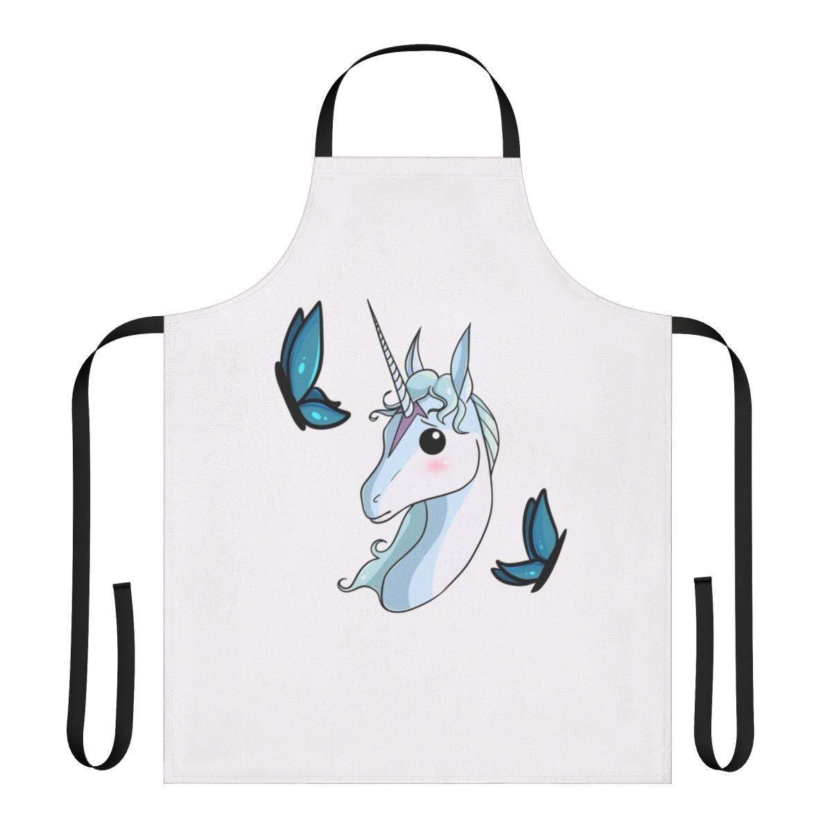 Whimsical apron featuring a cute, illustrated portrait of a magical white unicorn with a flowing mane and shimmering blue and purple details.
