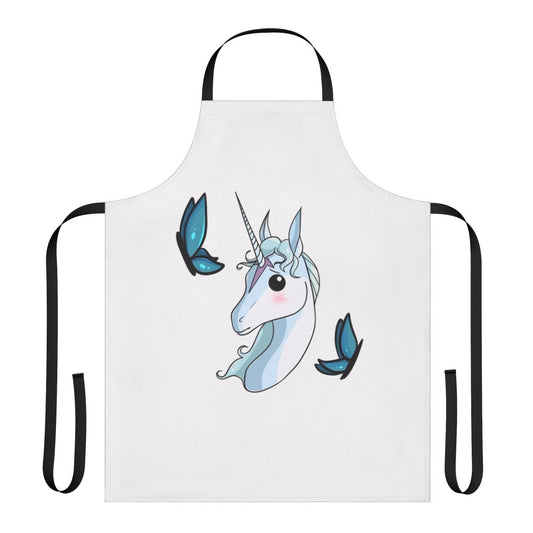 Whimsical apron featuring a cute, illustrated portrait of a magical white unicorn with a flowing mane and shimmering blue and purple details.