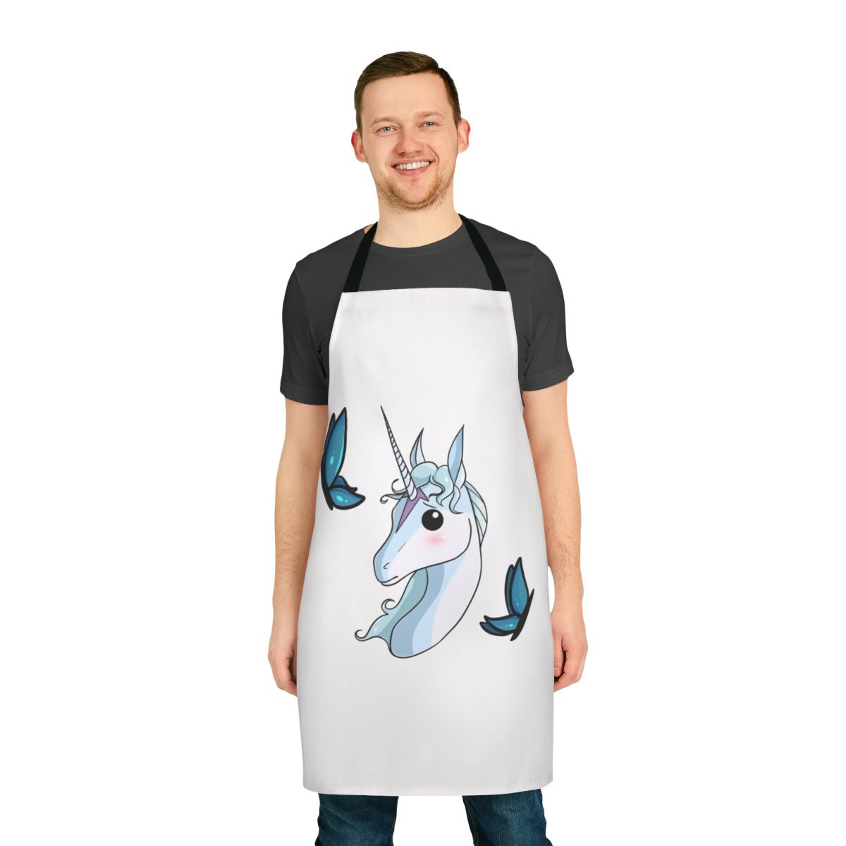 Whimsical apron featuring a cute, illustrated portrait of a magical white unicorn with a flowing mane and shimmering blue and purple details.