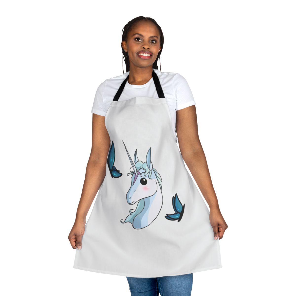 Whimsical apron featuring a cute, illustrated portrait of a magical white unicorn with a flowing mane and shimmering blue and purple details.