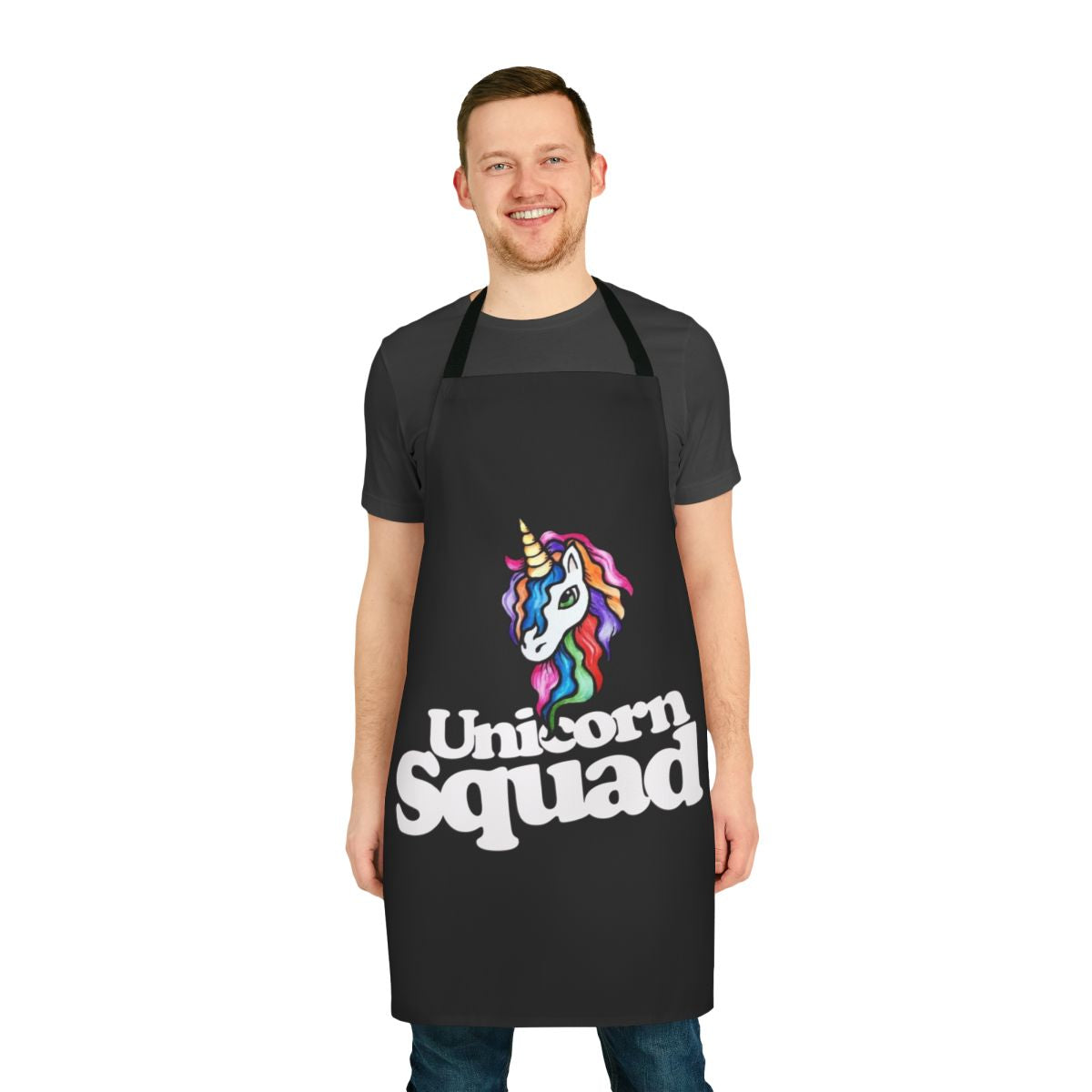 A colorful apron featuring a whimsical unicorn design, perfect for the kitchen or home.