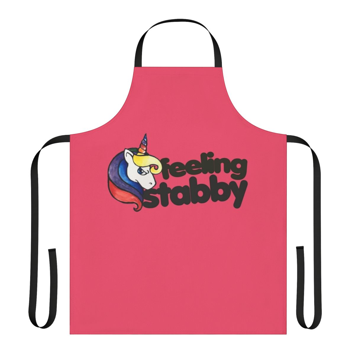 A whimsical, colorful apron featuring a retro-style unicorn design