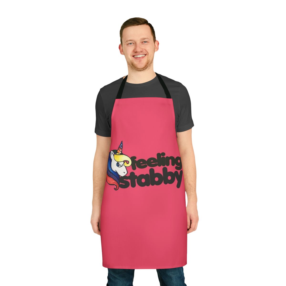 A whimsical, colorful apron featuring a retro-style unicorn design