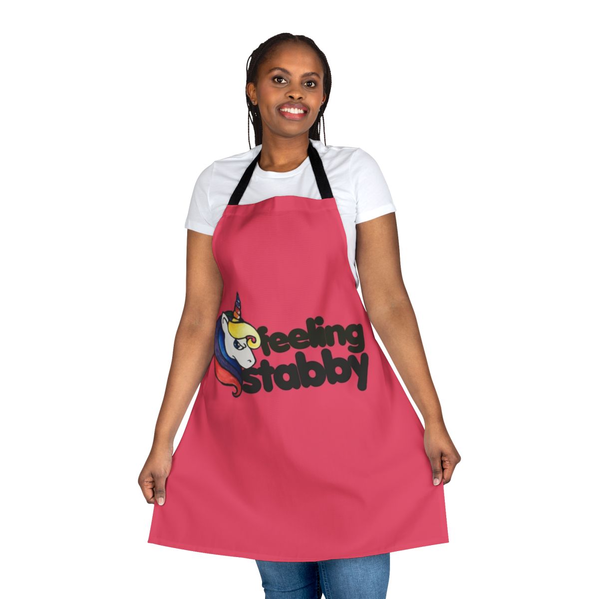A whimsical, colorful apron featuring a retro-style unicorn design