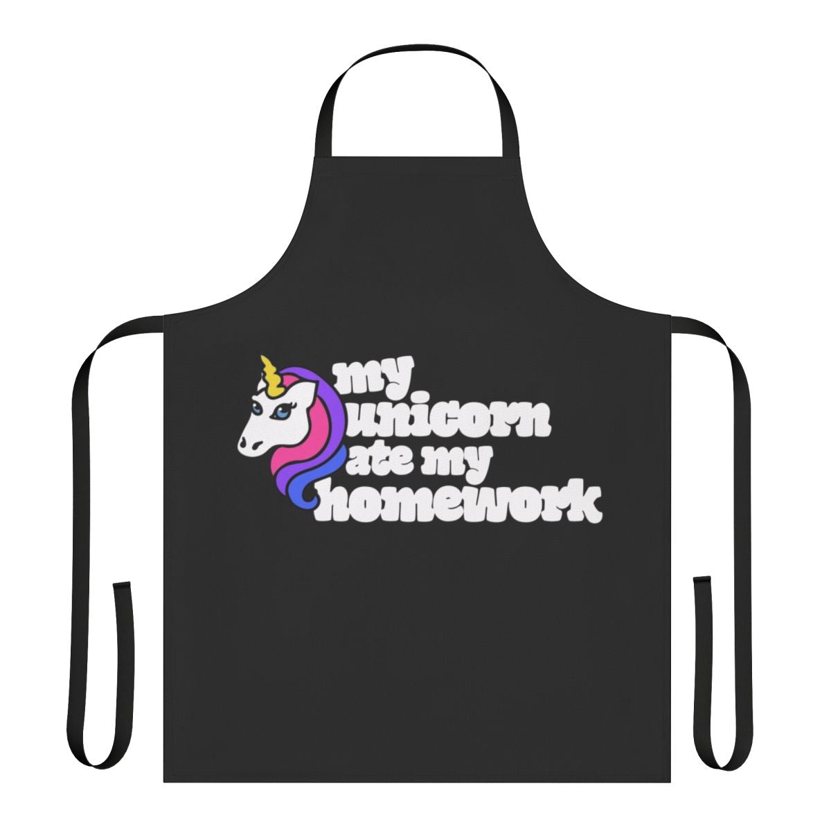 Colorful unicorn-themed apron with a retro, playful design