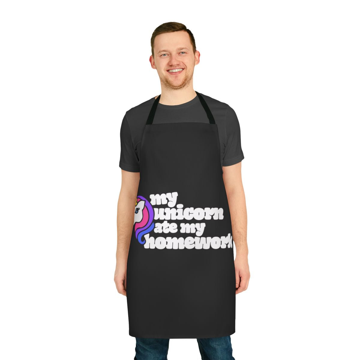 Colorful unicorn-themed apron with a retro, playful design