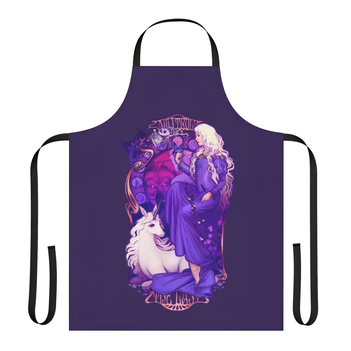 Whimsical unicorn-themed apron with art nouveau-style design and retro, nostalgic elements