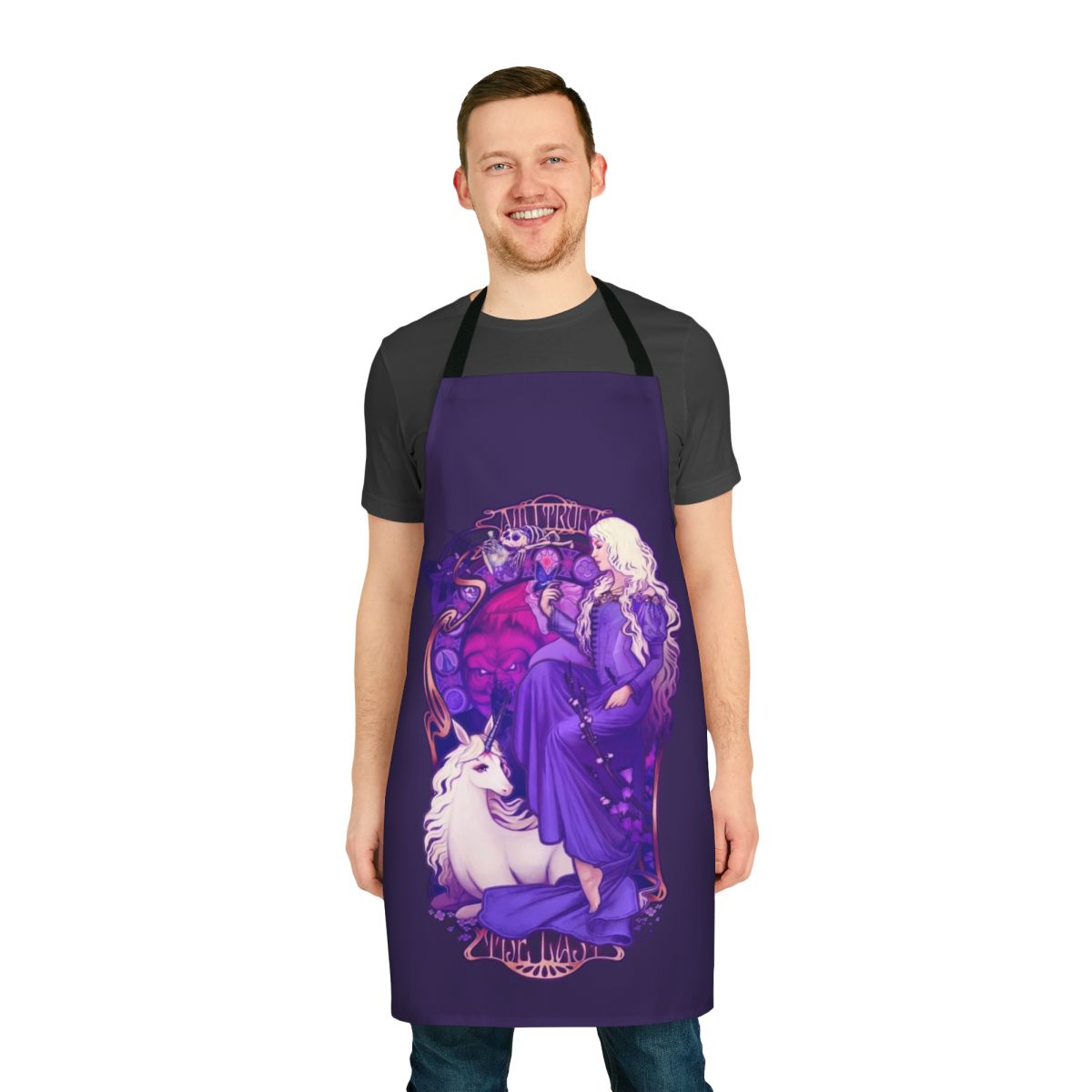 Whimsical unicorn-themed apron with art nouveau-style design and retro, nostalgic elements