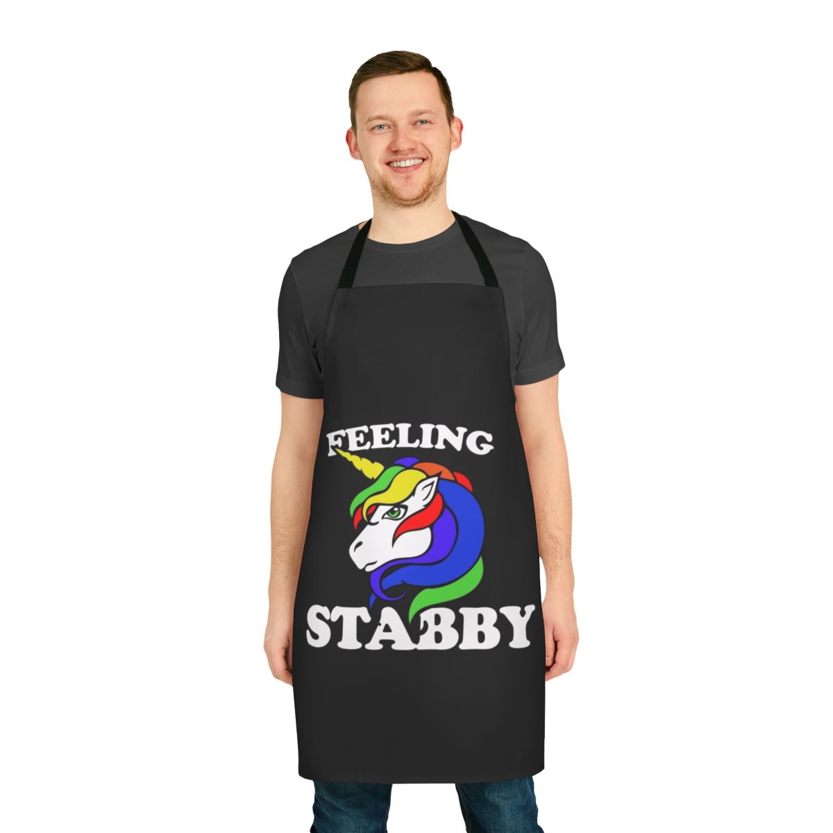 Whimsical apron featuring a unicorn-themed retro rainbow design