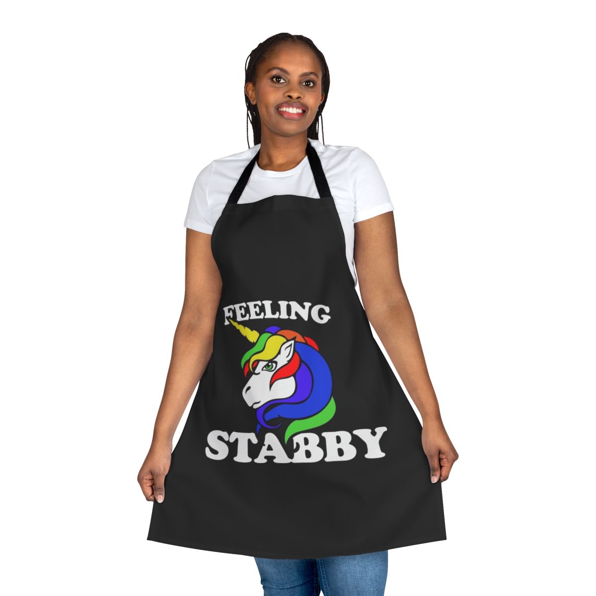 Whimsical apron featuring a unicorn-themed retro rainbow design