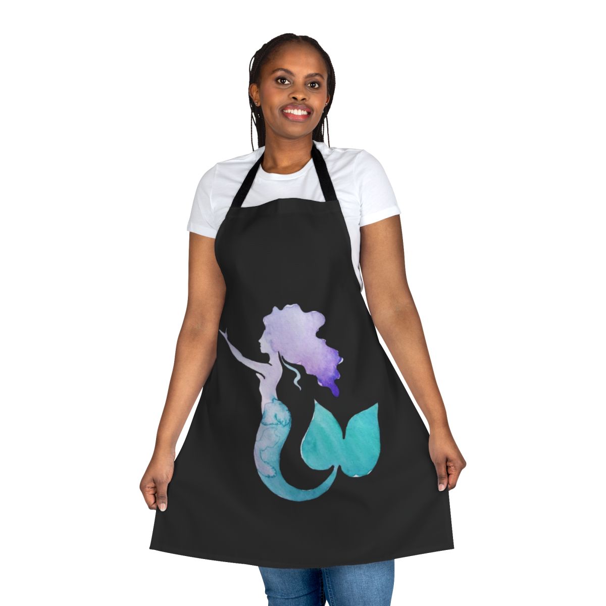 Whimsical watercolor mermaid design on a durable, functional apron