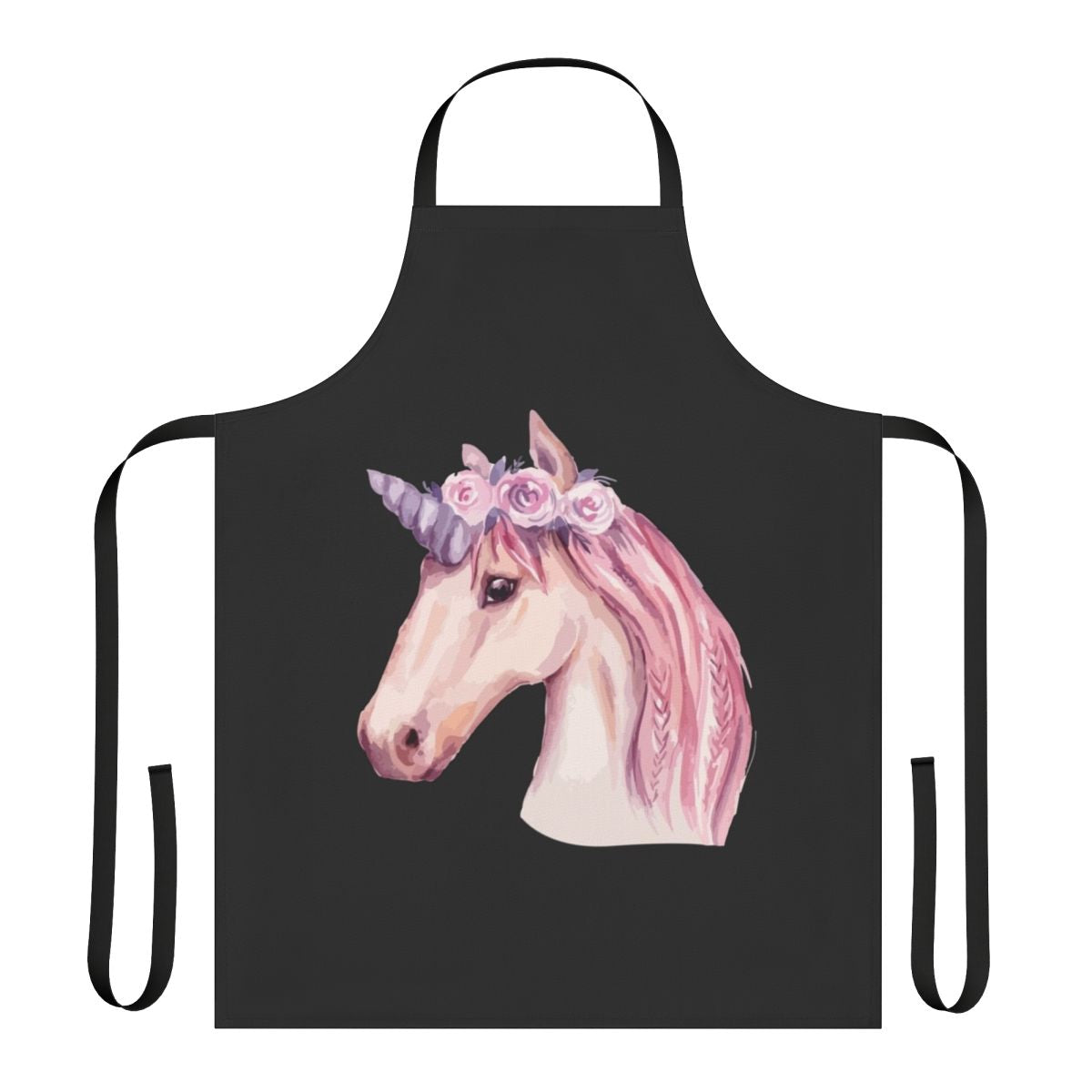 Watercolor painting of a pink unicorn on a cotton kitchen apron