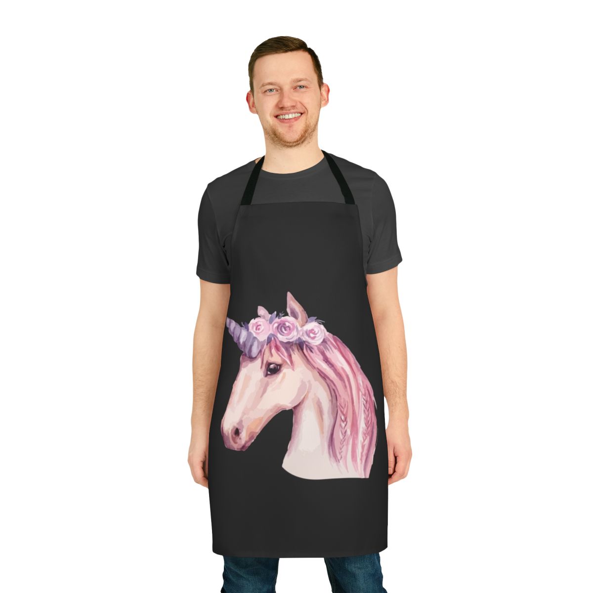 Watercolor painting of a pink unicorn on a cotton kitchen apron