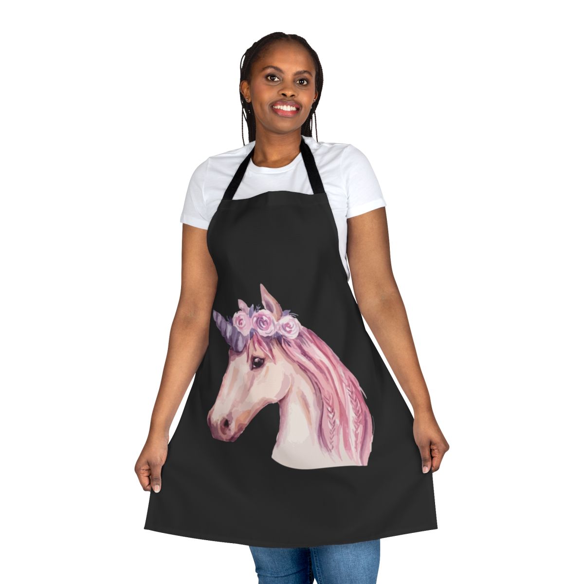 Watercolor painting of a pink unicorn on a cotton kitchen apron