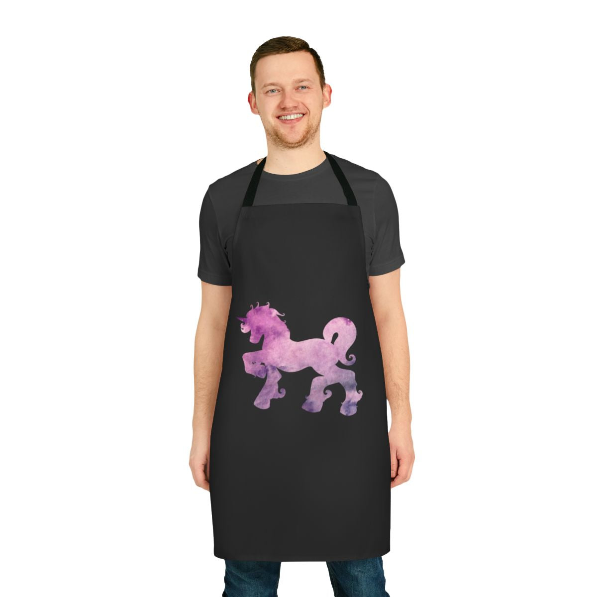 A vibrant watercolor illustration of a unicorn on a high-quality apron